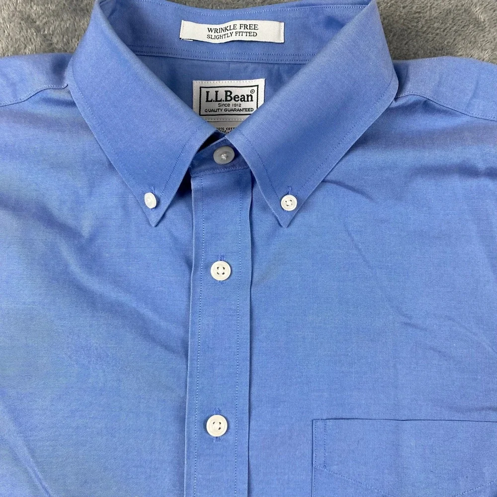 L.L.Bean Mens 15.5-33 Button Down Shirt Blue Wrinkle Free Slightly Fitted